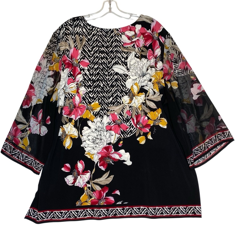 Top Blouse Plus Size Women Top 2XL Floral Liquid Knit Stretch 3/4 Sleeve Relaxed